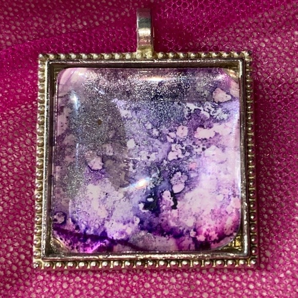 Handpainted Alcohol Ink Art Pendant in Silvertone Setting Covered w Domed Glass - Picture 1 of 2